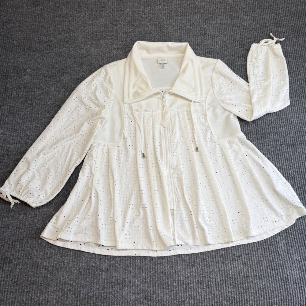 Cupio White Eyelet Full Zip Sweater Women's Large Cowl Neck Drawstring Tunic‎